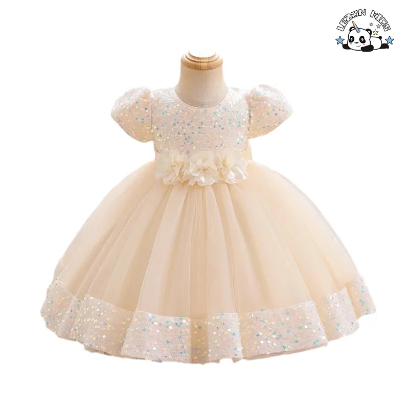 LEZONKIDS - Kids Tulle Dress Puff Short Sleeve Sequins Birthday Party Dress Flower Waistband Ball Gown Wedding Flower Girl Dress